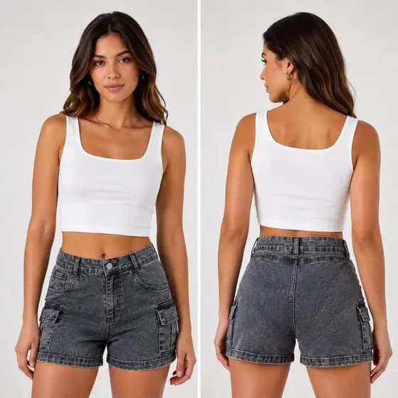 Short CargoJeans Feminino Cintura Alta Levanta Bumbum Com Lycra Bolso Na Lateral