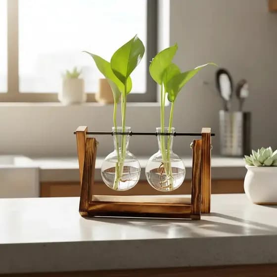 Vaso Hidropônico de Vidro Bulbo com Suporte de Madeira Duplo