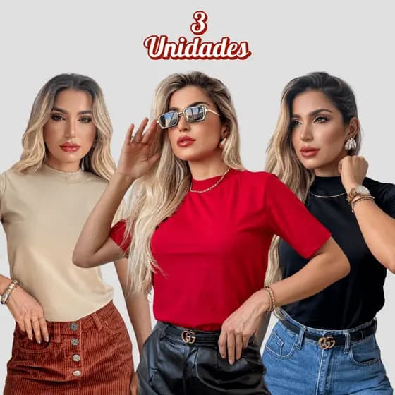 Kit 3 Blusas Feminina Gola Alta 100% Algodão T-shirt Camiseta Lisa Manga Curta Básica P M G GG
