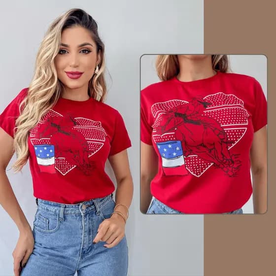 Blusa T-shirt Feminina Moda Country Coração e Cavalo Strass Algodão Premium
