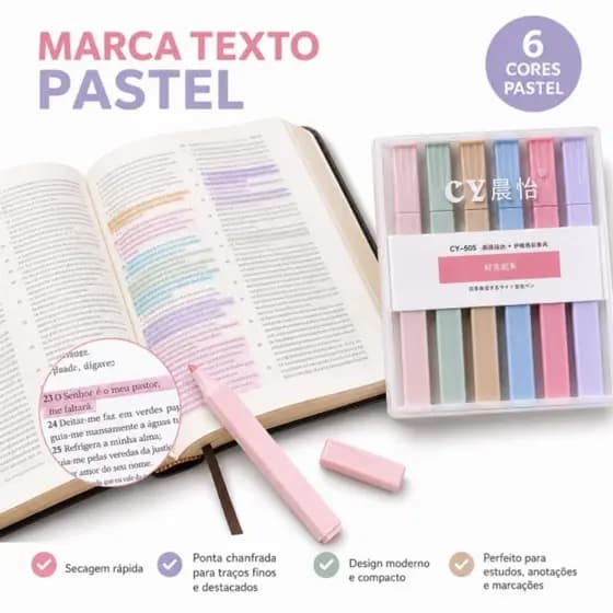 Kit Marca Texto Pastel 06 Cores Canetas Marca Texto Escolar Estudo Planner Volta às Aulas