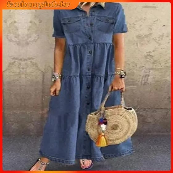 youho Women Retro Plus Size Mulher Jeans 2022 Verão Manga Curta Gota De Bolso Com Botão Vestido Longo Solto