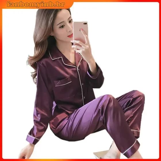 Conjunto De Pijama Feminino De Duas Peças De Cetim De Seda Com Manga Comprida Plus Size