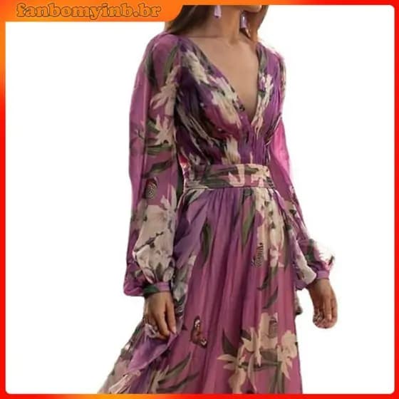 Mulheres Casamento Noiva Damas De Honra Elegante Decote Em V Mangas Compridas Flores Impressão Maxi Vestido Longo Festa