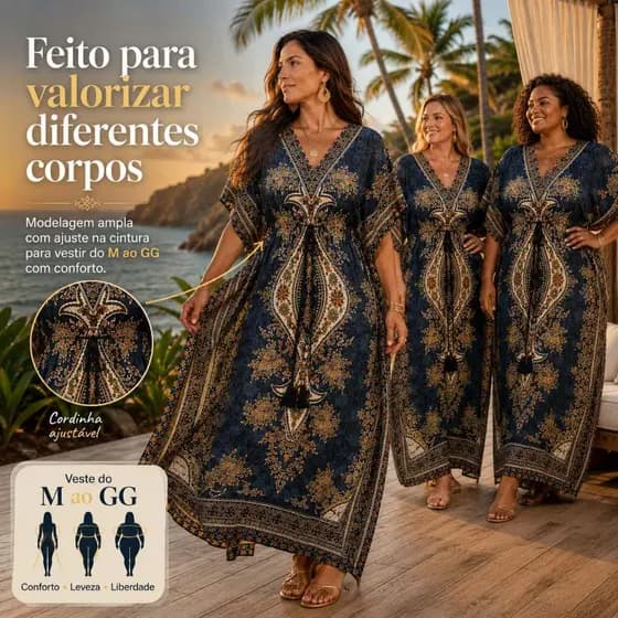 Vestido Kaftan Feminino Longo Indiano Confortável Visual Moderno Passeio Moda Praia Estampa Variadas