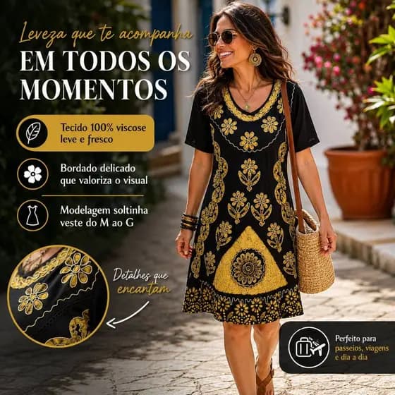 Vestido Indiano Curto Pintado Bordado Artesanal Boho Feminino Viscose Moda Indiana Praia Passeios
