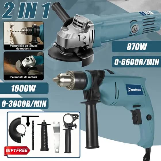 Poderoso Conjunto De Rebarbadora E Furadeira 2 Em 1 Com Estojo Rígido 110V/220V.