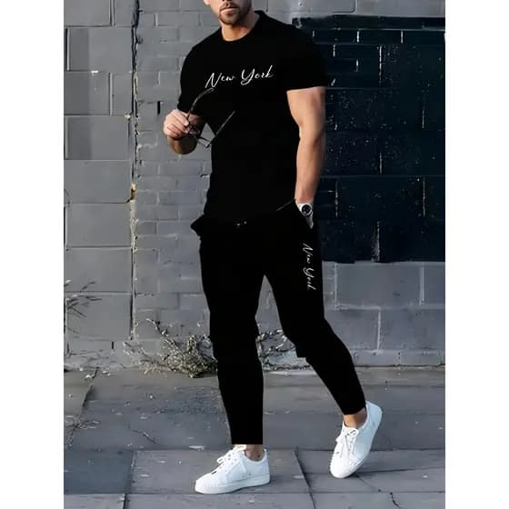 Moletom Calça + Camiseta Estampada New York Estiloso Masculino Premium de Algodão