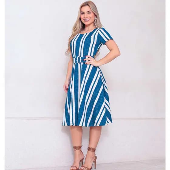Vestido Mid Moda Evangelica Gola Princesa com Cinto Removível e Manga Curta Novidade De Cores