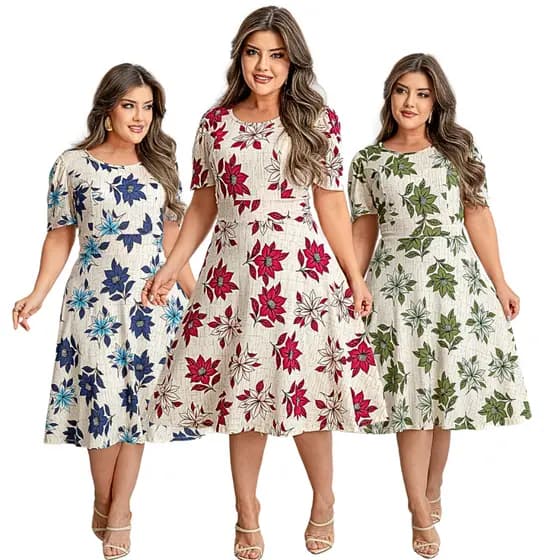 Vestido Feminino Midi Evangélico Floral Casual Elegante Manga com Detalhe