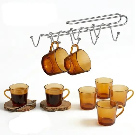 Kit 6 Xícaras de Café Vidro Ambar 170ml + Suporte p Pendurar