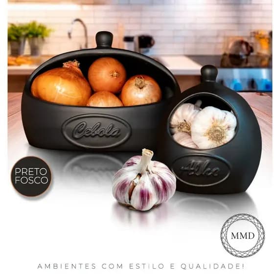*LANÇAMENTO* Kit Condimentos Cebola Alho Em Cerâmica Cozinha Decoração Armazenamento Preto Fosco