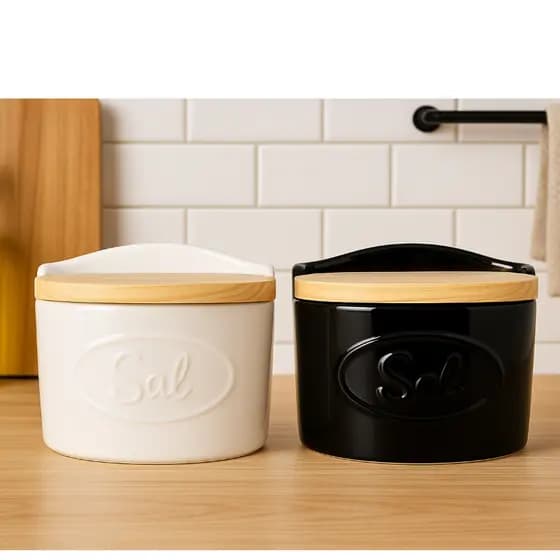 Saleiro De Porcelana Com Tampa De Madeira Elemento Essencial Ceramica Cozinha