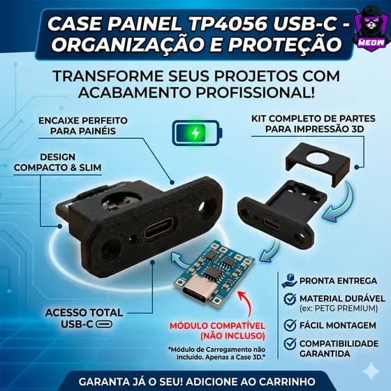 Case Painel TP4056 MUDULO USB-C - Acabamento Profissional e Proteção para seus Projetos