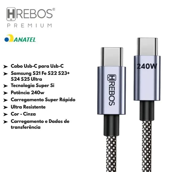 Cabo USB-C 240W Hrebos Ultra Turbo Power Delivery SuperCharge Notebook Celular