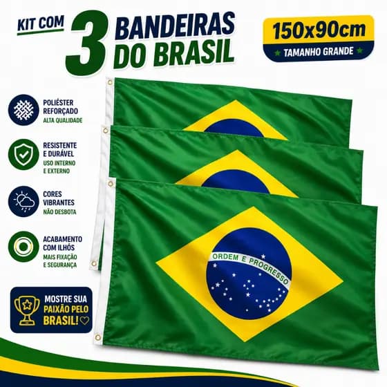 Kit 1 / 2 / 3 Bandeira do Brasil Grande 1,5mt por 90cm Mastro e Parede com Cores Fortes e Nítidas