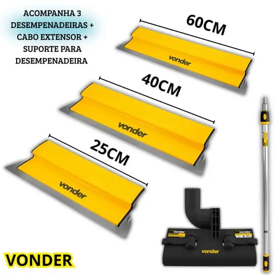 Kit Desempenadeira Para Massa Corrida 25cm 40cm e 60cm Com Suporte e Cabo Extensor Vonder