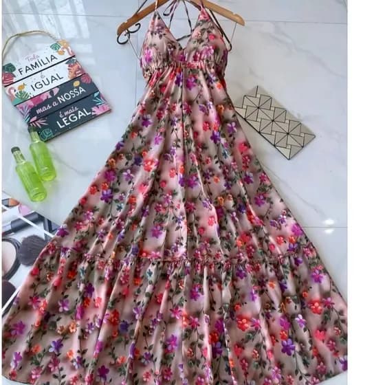 VESTIDO FEMININA LONGO MULTICOLORIDO 3D LISO Y BOLINHAS POSEI BOJO ALÇA