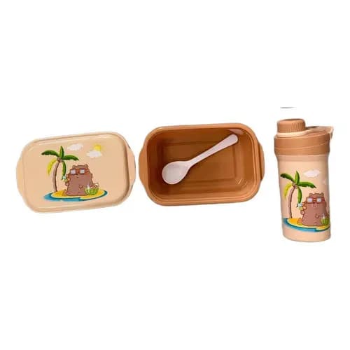 Kit Alimentação Infantil Capivara Marmita Lancheira Garrafa Marrom-claro