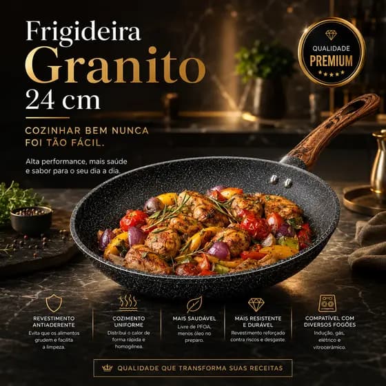 Frigideira Granito Antiaderente Revestimento Nanocerâmico Fogão Indução Gás 20cm 24cm