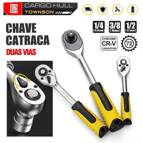 Chave Catraca Reversível 1/2-3/8-1/4 Polegadas P/ Soquete Aço Crmo Vanádio