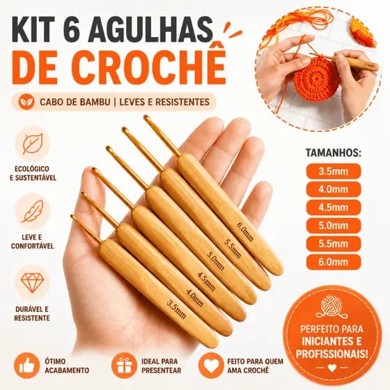 Agulhas de Crochê Cabo de Bambu Kit 6 Unidades Vários Tamanhos Profissionais