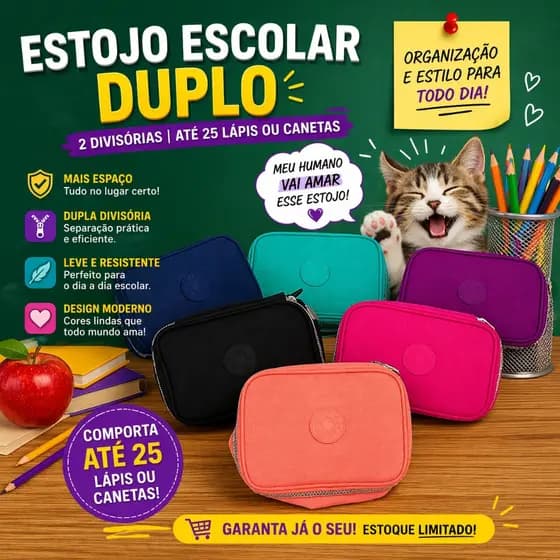 Estojo Escolar Duplo Grande 2 Divisórias – Capacidade 25 Lápis Ou Canetas Organizador