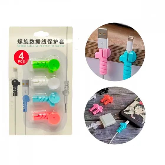 Cartela com 04 Protetor de Cabo em Silicone Espiral com Ventosa para Fio Celular Carregador USB