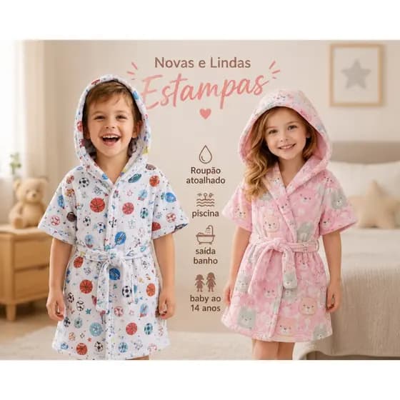 Roupão de Banho Infantil Atoalhado Piscina Sem Capuz Promoção