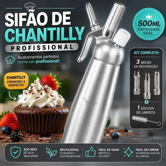 Garrafa De Chantilly Sifão Profissional De Alumínio -500ml - 3 Bicos - CH