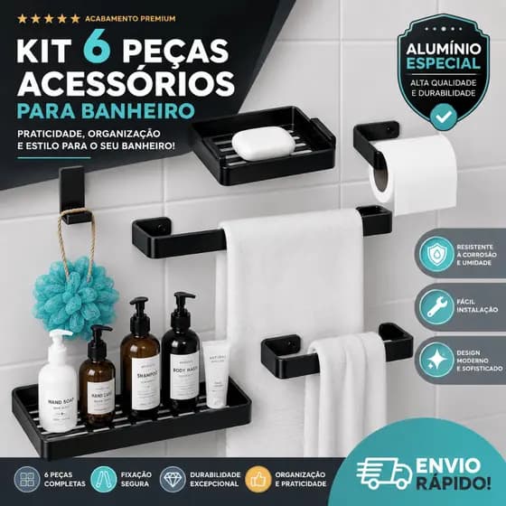 Acessórios Para Banheiro Kit c/ 6 Peças - Porta Shampoo Porta Toalha Porta Sabonete - CH