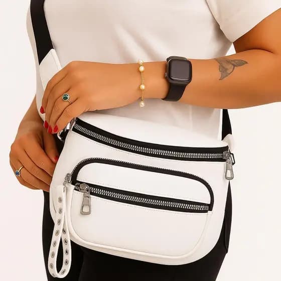 Bolsa Transversal de Ombro Feminina Casual de Couro Sintético Média Branca Moderna, Estilosa, Leve, Ideal pro Dia a Dia