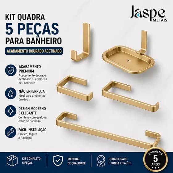 Kit Quadra Dourado 5 Peças - Kit Acessórios Para Banheiro Completo