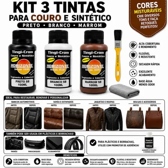Kit 3 Tintas Para Couro Sintético Preto Branco Marrom 100ml + Pincel Restauração Bancos Sofás Calçados