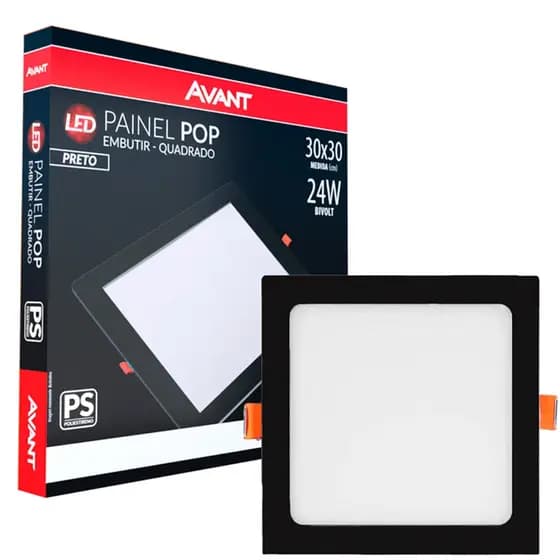 Painel LED Embutir Quadrado 24W 6500K Preto Bivolt Avant Pop 28,6cm
