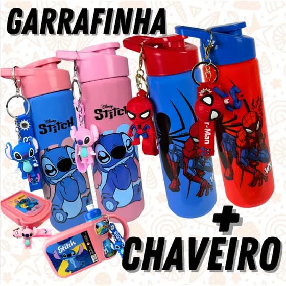 Garrafinha Água Escolar Disney Licenciados do Stitch Homem Aranha Minnie Mickey mais Chaveiro
