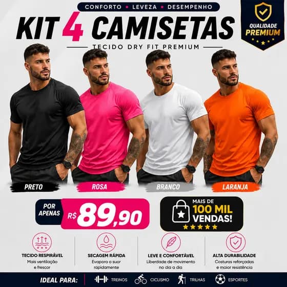 Kit 4 Camiseta Dry Masculina Manga Curta Fitness Academia Corrida CrossFit Poliester Premium