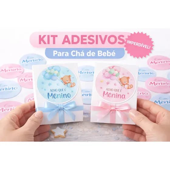 Kit Adesivo Chá Revelação Lembrancinha Tag Menina e Menino Decoração Azul Rosa 24 Adesivos à Prova d’Água