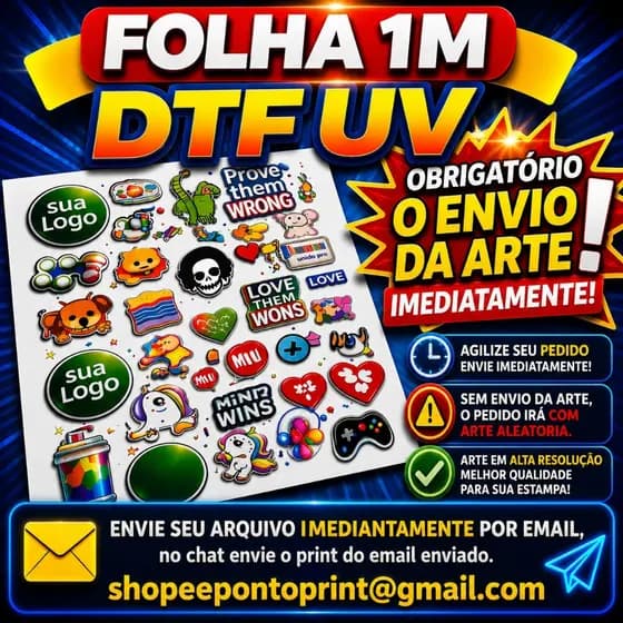 DTF UV Personalizado 28x100 Pronto para Aplicar | Impressão HD, Cores Vivas, Alta Durabilidade e Qualidade Premium