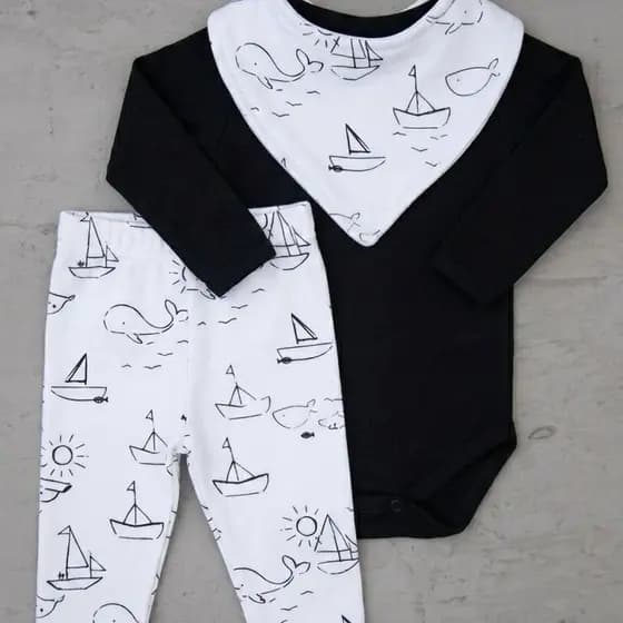 Kit Conjunto 3 Peças Babê Manga Longa Body/Babador/Calça Estampado 100% Algodão Menina/Menino Antialérgico