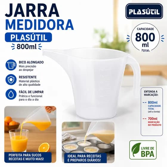 Jarra Medidora Funil Graduada 800Ml Culinária Cozinha Plasútil Coisas de Casa
