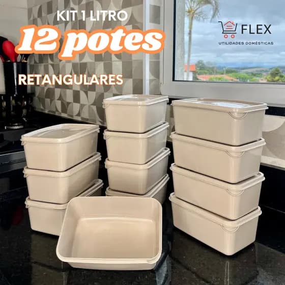 Kit 12 Potes Plásticos Retangular para Alimentos 1Litro - Cores com Tampa