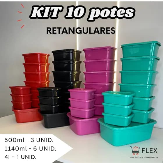 Kit 10 Potes Retangulares tipo tapoer/ marmita / armazenamento de alimentos - 3 Tamanhos P M G