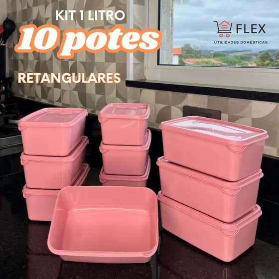 Kit Potes Plásticos 10 unidades de Vasilhas - 1 LITRO - Retangular Marmita Freezer e Micro-ondas