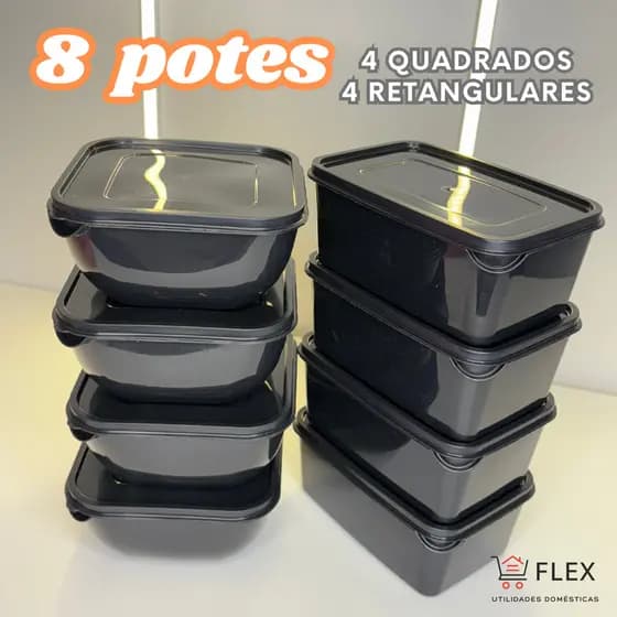 Kit com 8 Potes Plásticos – 4 Quadrados PRETO + 4 Retangulares | 1 Litro | BPA Free