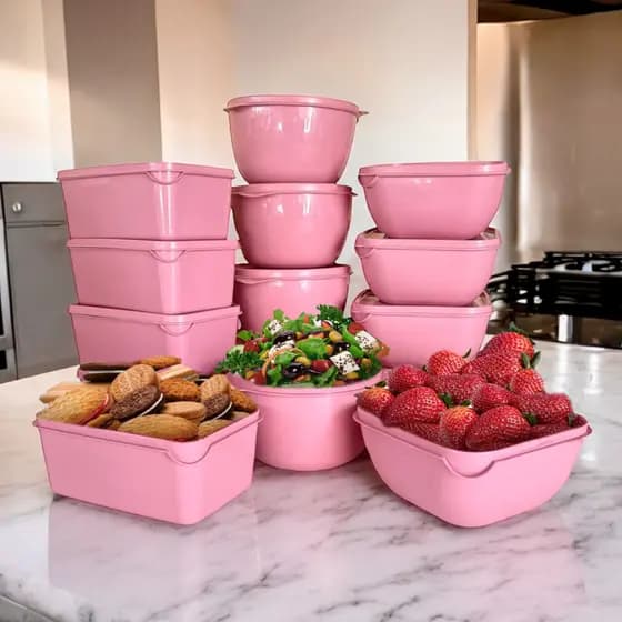 Potes Plásticos ROSA - formatos variados - Vasilha Tapoer com tampa - Kit com 12 unidades - 1 litro
