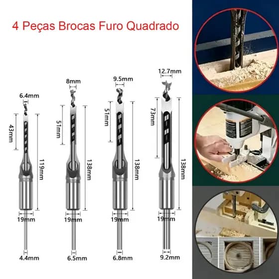 4 Brocas para Abrir Furo Quadrado em Madeira - Ferramenta para Trabalhos em Madeira