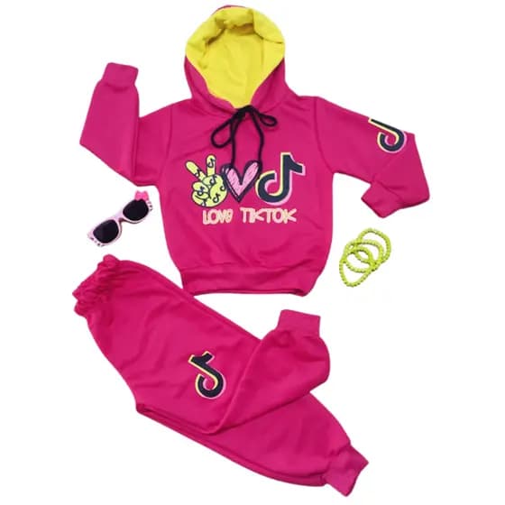 Conjunto Infantil Criança Pink Amarelo Roupa Infanto Juvenil Menina Inverno Frio Calça Moletinho Casaco com Capuz
