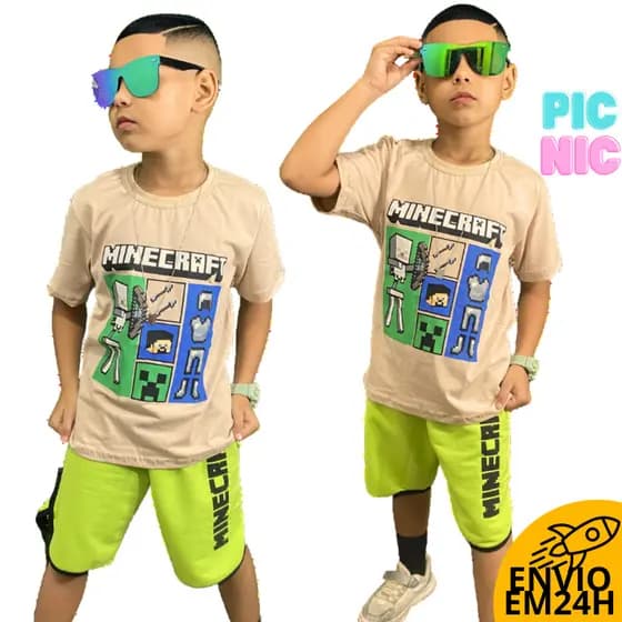 Conjunto Infantil 1 a 14 anos Roupa Bermuda Camisa Masculino Short Camiseta Estilo Infanto Juvenil Envio Imediato