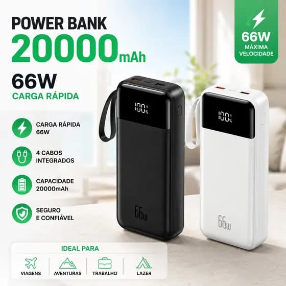 Carregador Power Bank 20000mah Portátil Display Digital 66W Carregamento Super Rápido Com 4 Cabos VIVA